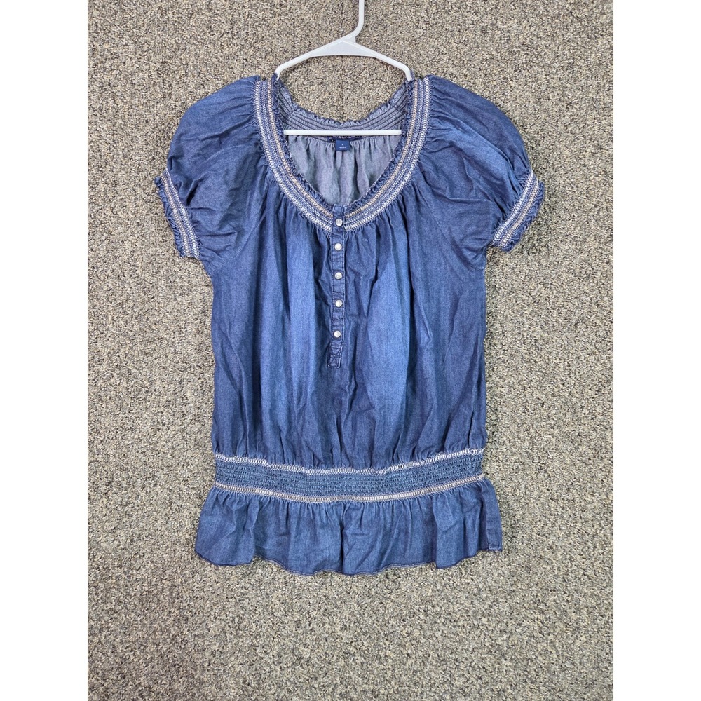 Bandolino Denim Peasant Top Womens Large Blue Smocked Waist Short Sleeve